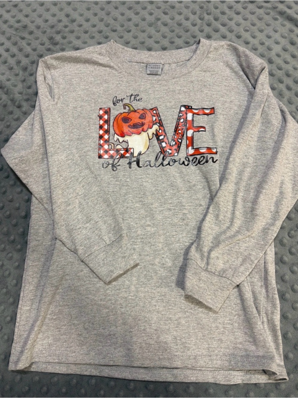 Gildan Gray Long-Sleeve Tee with Halloween 'LOVE' Pumpkin Graphic